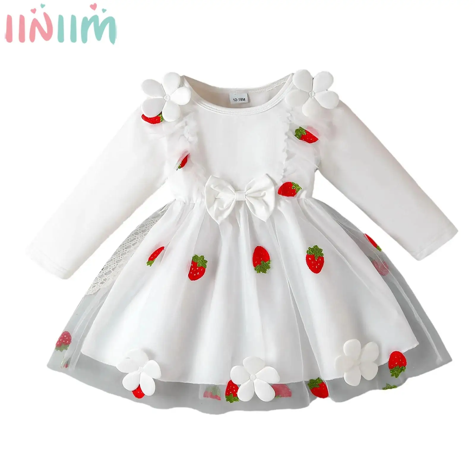 

Детское платье-пачка принцессы для девочек, бальное платье из тюля с длинными рукавами и цветами, клубничной вышивкой и бантом для свадьбы, дня рождения