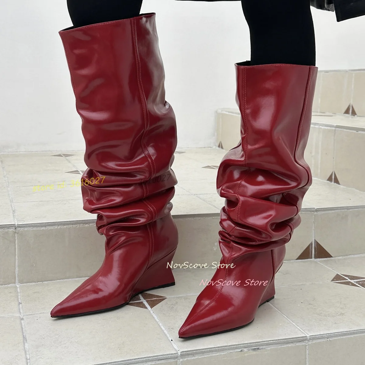 

Сексуальные женские сапоги до колена на танкетке с острым носком, однотонные, с эффектом мятой ткани, для весеннего сезона, для вечеринок и праздничных образов