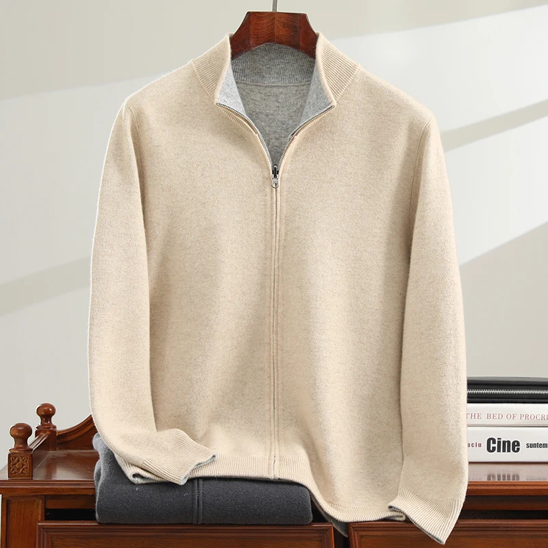 MVLYFLRT Men's 100% Cashmere Cardigan Thick Air Layer Dual Color Stand up Collar Zipper Knitted Casual Business Warm Jacket