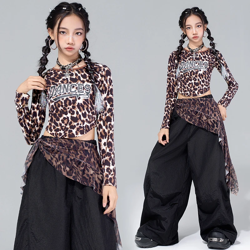 Costume da ballo jazz per ragazze Spettacolo scolastico per bambini Abbigliamento da spettacolo Stampa leopardata Crop Top Pantaloni Shuffle Kpop Outfit Streetwear 4572