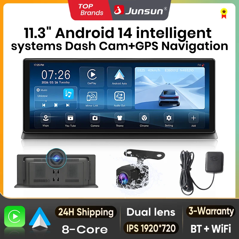 Junsun 11.3" Android 14 4G+64G CarPlay Android Auto 8 Core AI Screen GPS Navigation Dash Cam 1080P Dual Lens Video Recorder DVR