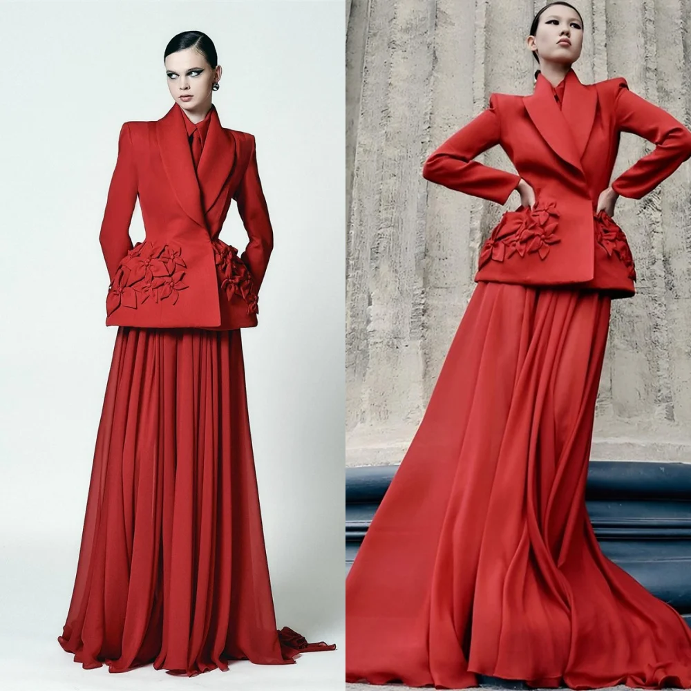 

Customized Temperament Burgundy Jersey Evening Dress Classic V-Neck Long Sleeves Flowers Side Slit Special Occasion Gowns