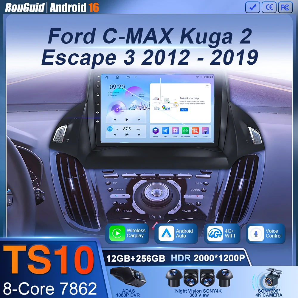 

Android 16 для Ford C-MAX Kuga 2 Escape 3 2012-2019 Автомобильный радиоприемник Carplay Авто GPS-навигация Экран Стерео 5G Wi-Fi Видео без 2din