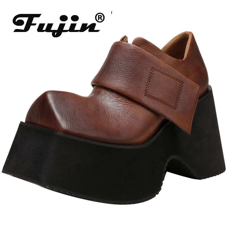 Fujin 10cm Ethnic Platform Wedge Hook Moccasins Fashion Shoes Natural Cow Genuine Leather Autumn Spring Pumps Women High Heels