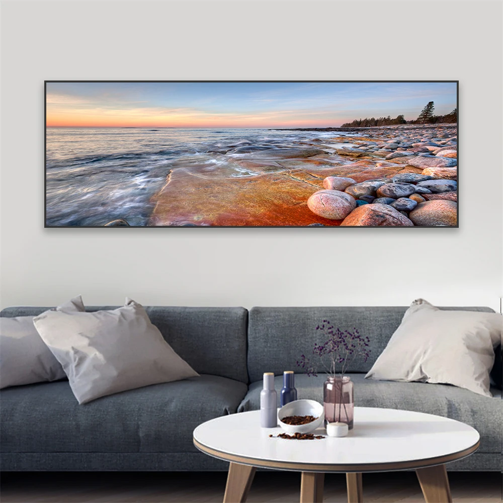 Sea Waves Beach Rocks Stone Clouds Poster Nature Coast Sunrise Landscape Prints Blue Orange Sky Canvas Painting Bedroom Decor