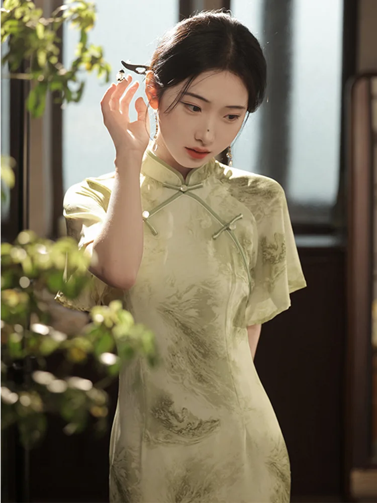 Summer Long Cheongsam Vintage Qipao Green Fresh Daily Women Elegant Dress Slim Party Costume Dresses