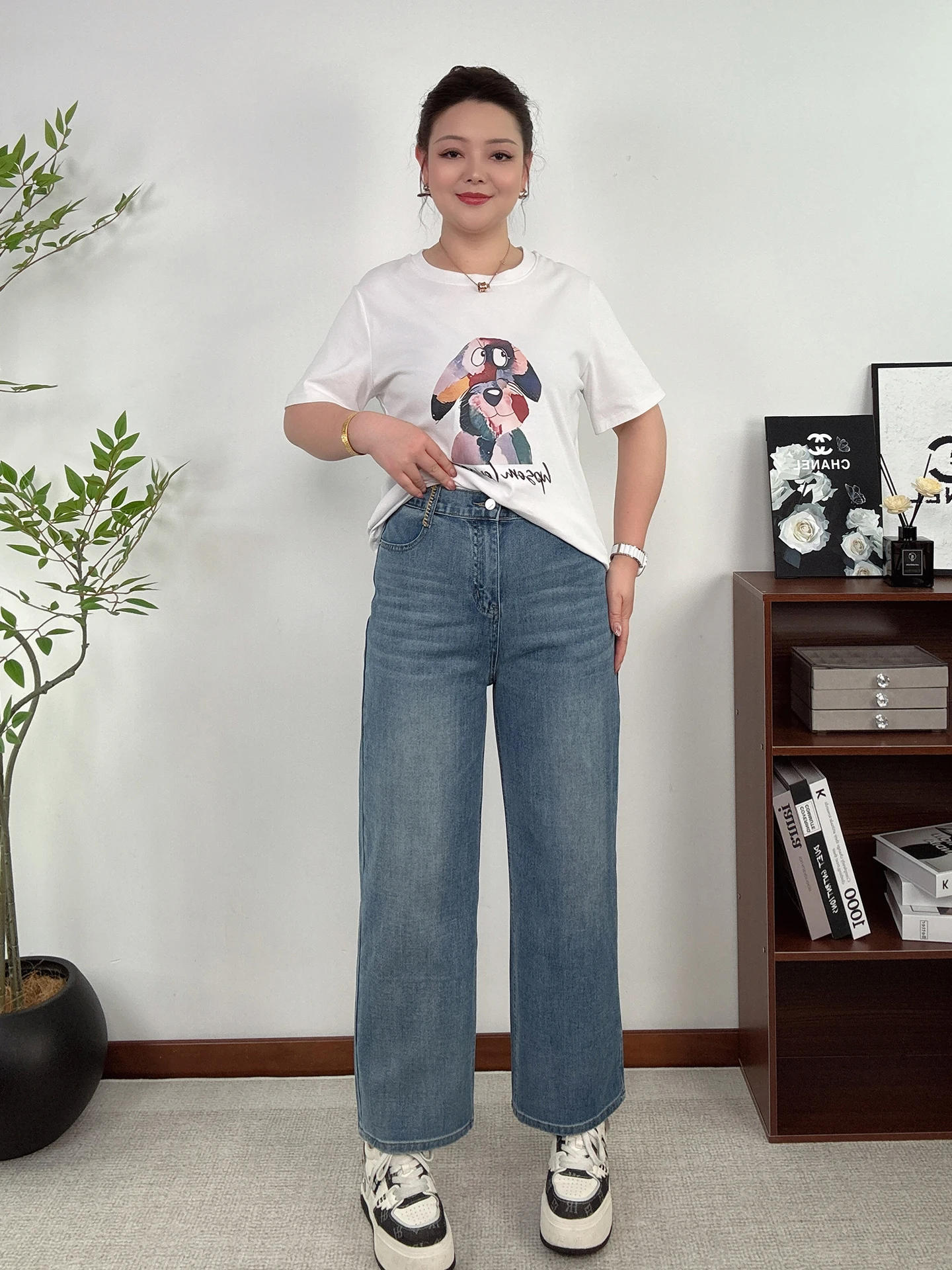 

Весенние женские джинсы с широкими штанинами, больших размеров, свободные, стройнящие, повседневные, прямые, эластичные в четырех направлениях, с высокой талией, длина 7/8