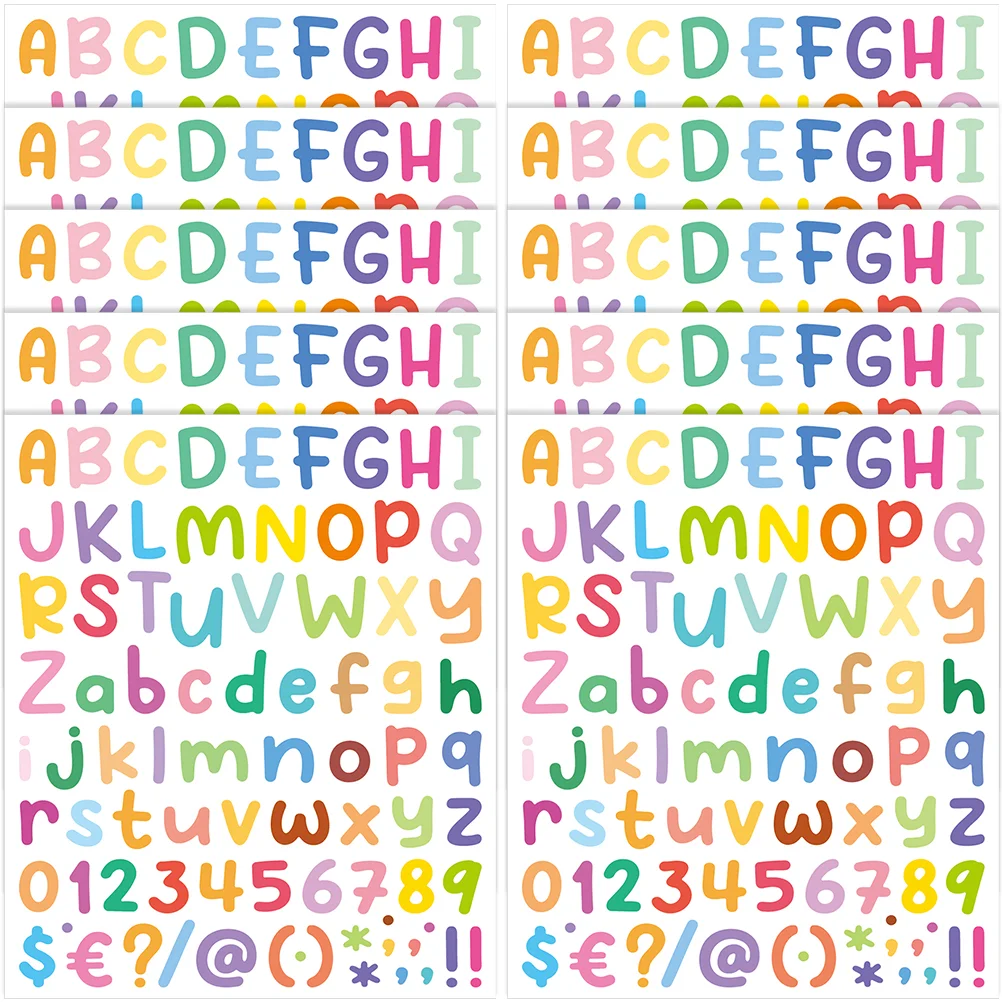 

10 Sheets Alphabet Stickers Assorted Color on Letters Label Mailbox Numbers Colored Decals Vinyl