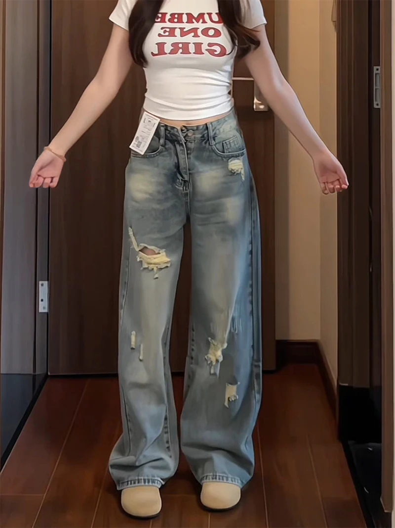 

Wide Jeans Women Trousers With Shiny Stones Baggy Y2K Streetwear Vintage Fashion Oversize Leg Cut Loose Fit Black Gothic Korean