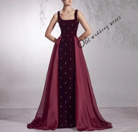 customized Dress Square Neck Open Back Velour Formal Party Gown with Organza Skirt Slit Sheath Evening Dresses فساتين سهرات2025