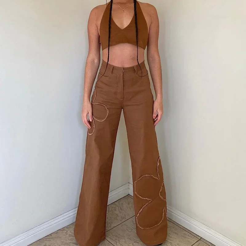 Aesthetic Baggy Jeans Women Brown Vintage 90s Loose Long Pants Flower High Waist Ladies Straight Denim Trousers Streetwear 