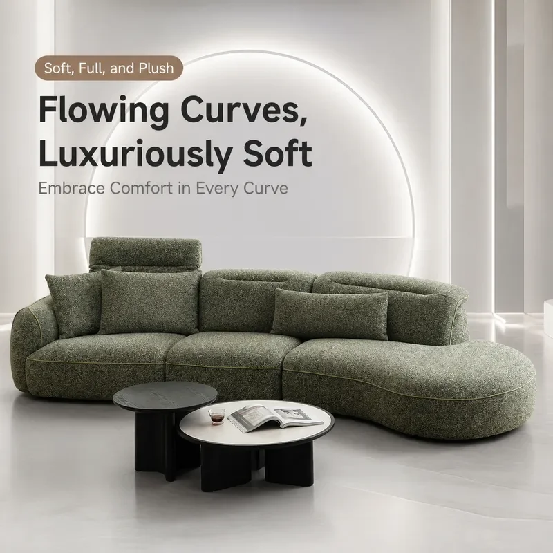 Ikuno Amuro Dora Fabric Living Room Two Color Chenille Curved Double Triple Module Chaise Green Sofa
