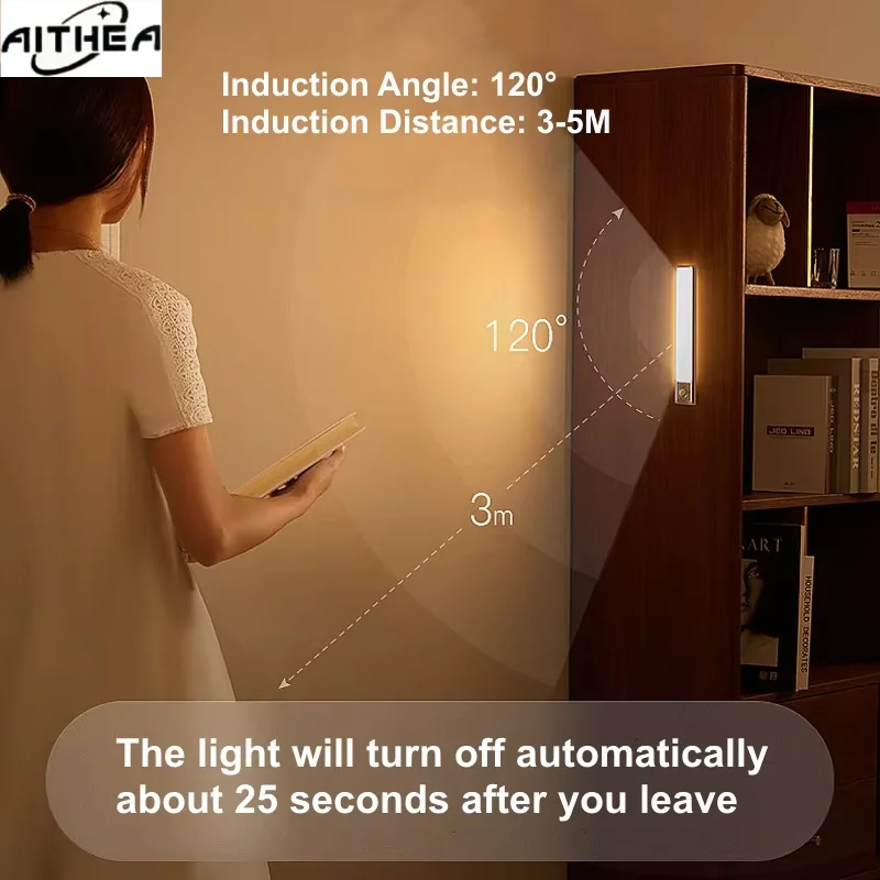 AITHEA Rechargeable LED Motion Sensor Night Light Under Cabinet Cordless Lamp for Kitchen Wardrobe Bedside Strip Bar Light