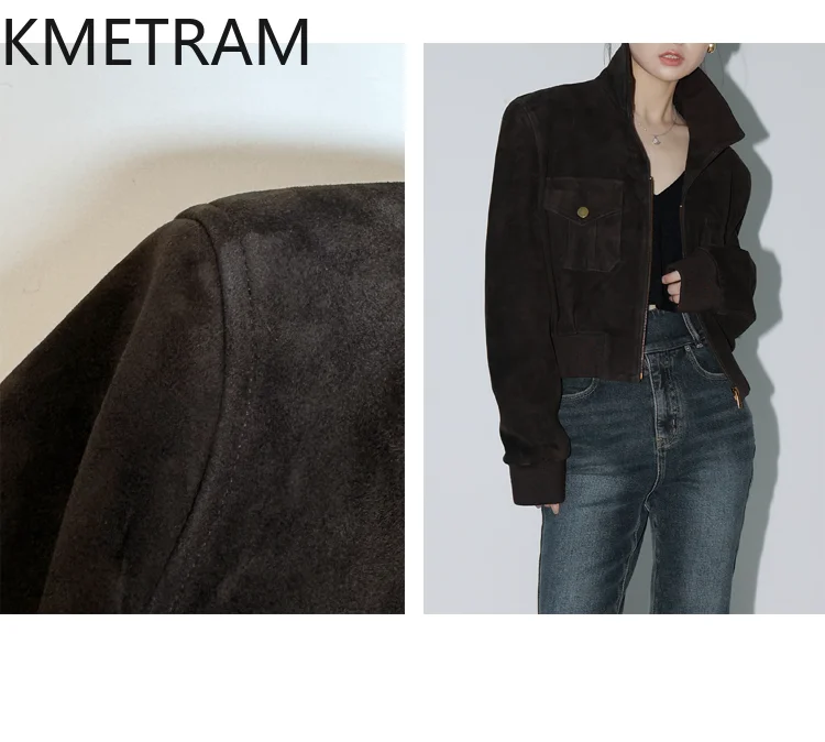 Kurtka ze skóry owczej KMETRAM 100% naturalna, prawdziwa skóra zamszowa, brązowa krótka kurtka, jesień, poduszki na ramiona, odzież damska 2025, пальто