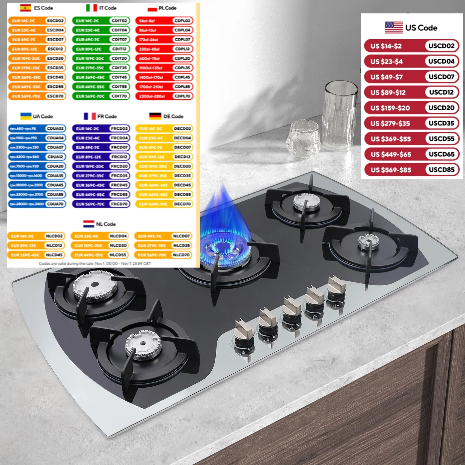 5 Burners Gas Cooktop Tempered Glass 180° Fire Control Electronic Pulse Ignition Gas Hob for Kitchen