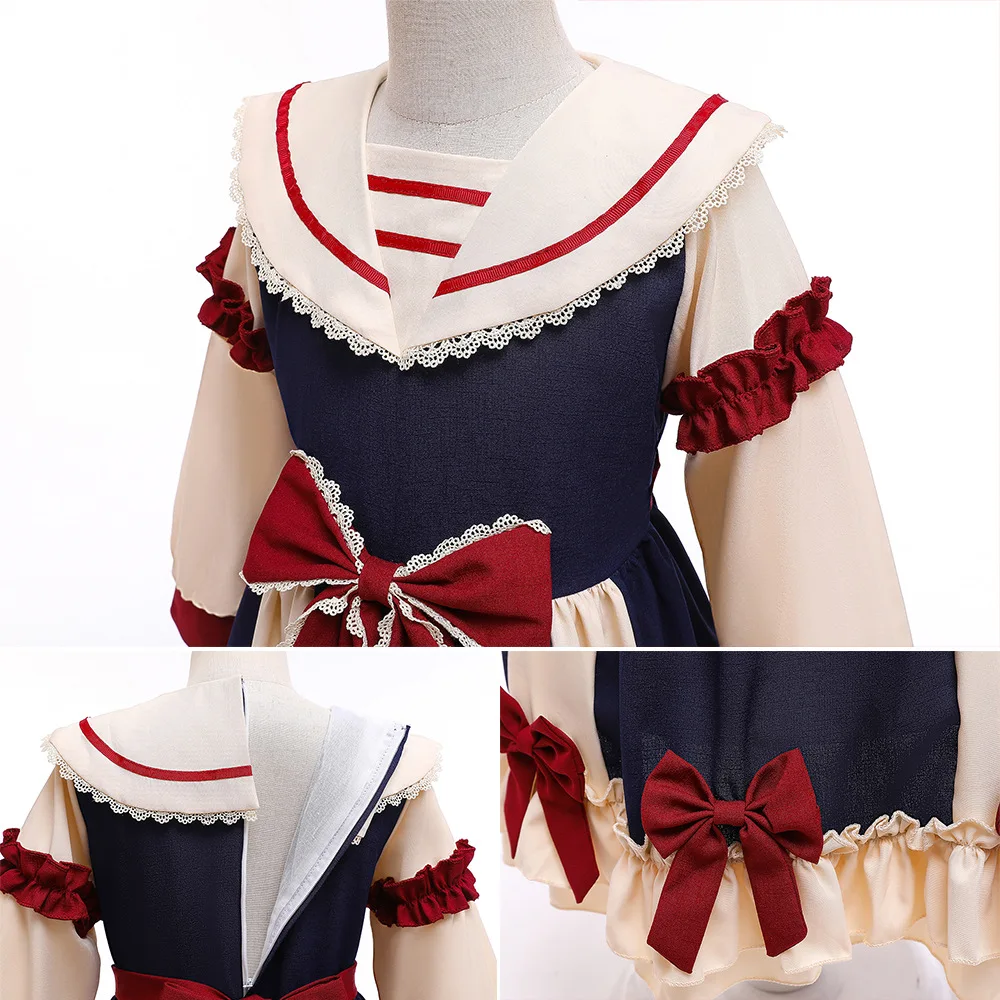 ELBCOS 4-14T Kid Girls Snow White British Style Long Sleeve Bow Straight Skirt JK Lolita Costumes Evening Full Dress