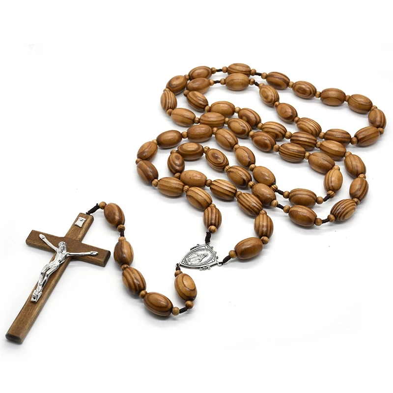 Wall Rosary Necklace Big Wooden Beads Long Cross Pendant Catholic Jewelry