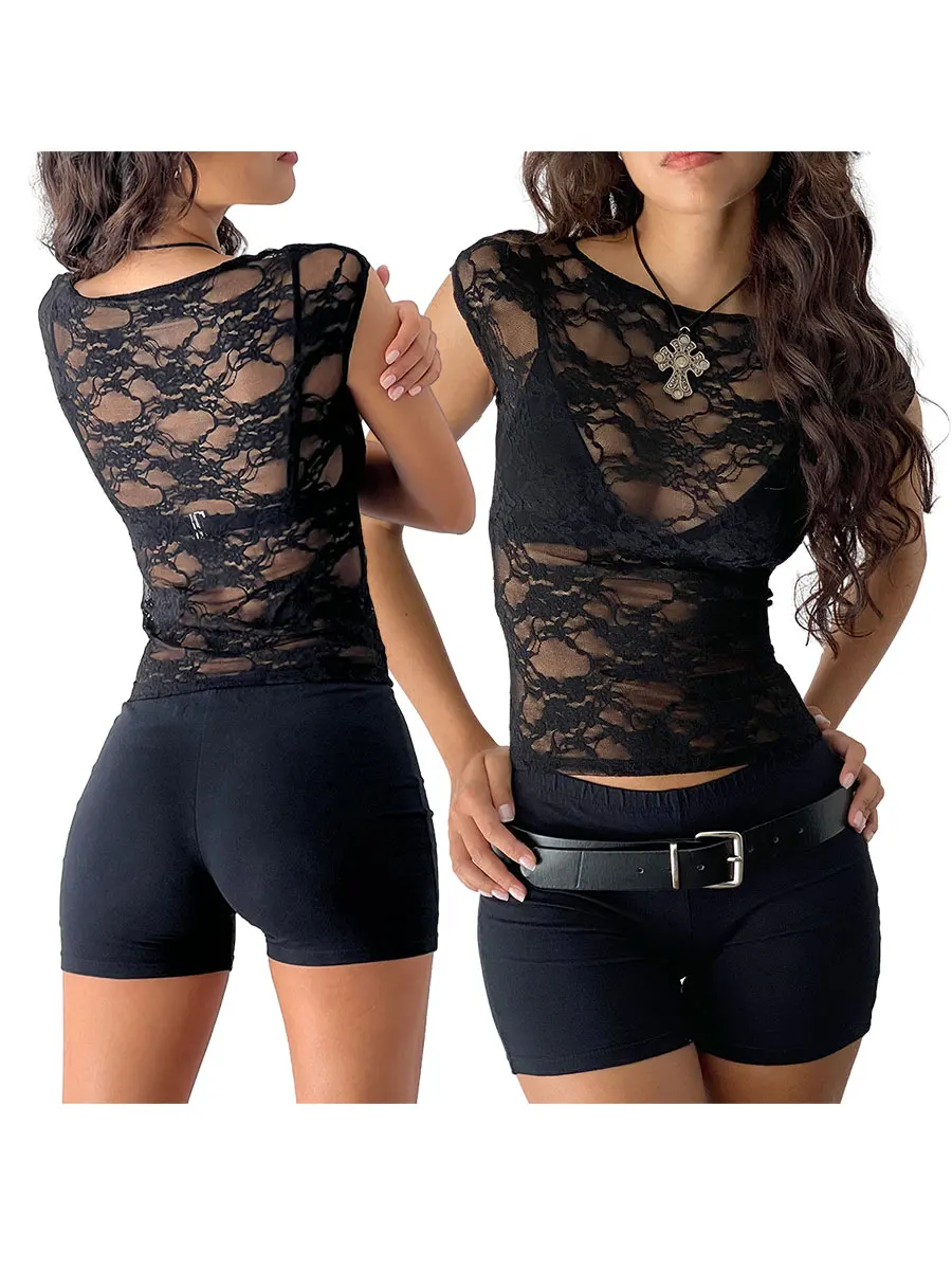 Sexy Women\'s Summer Lace Top Shirt Solid Chic Basic Flower Sheath Split Casual Slim Fit Round Neck Shortsleeve Top Streetwear