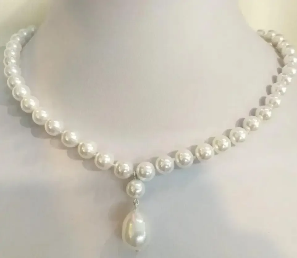 

Woman jewelry necklace 8mm round bead Bright white Natural SOUTH SEA SHELL PEARL 12mm pendant NECKLACE