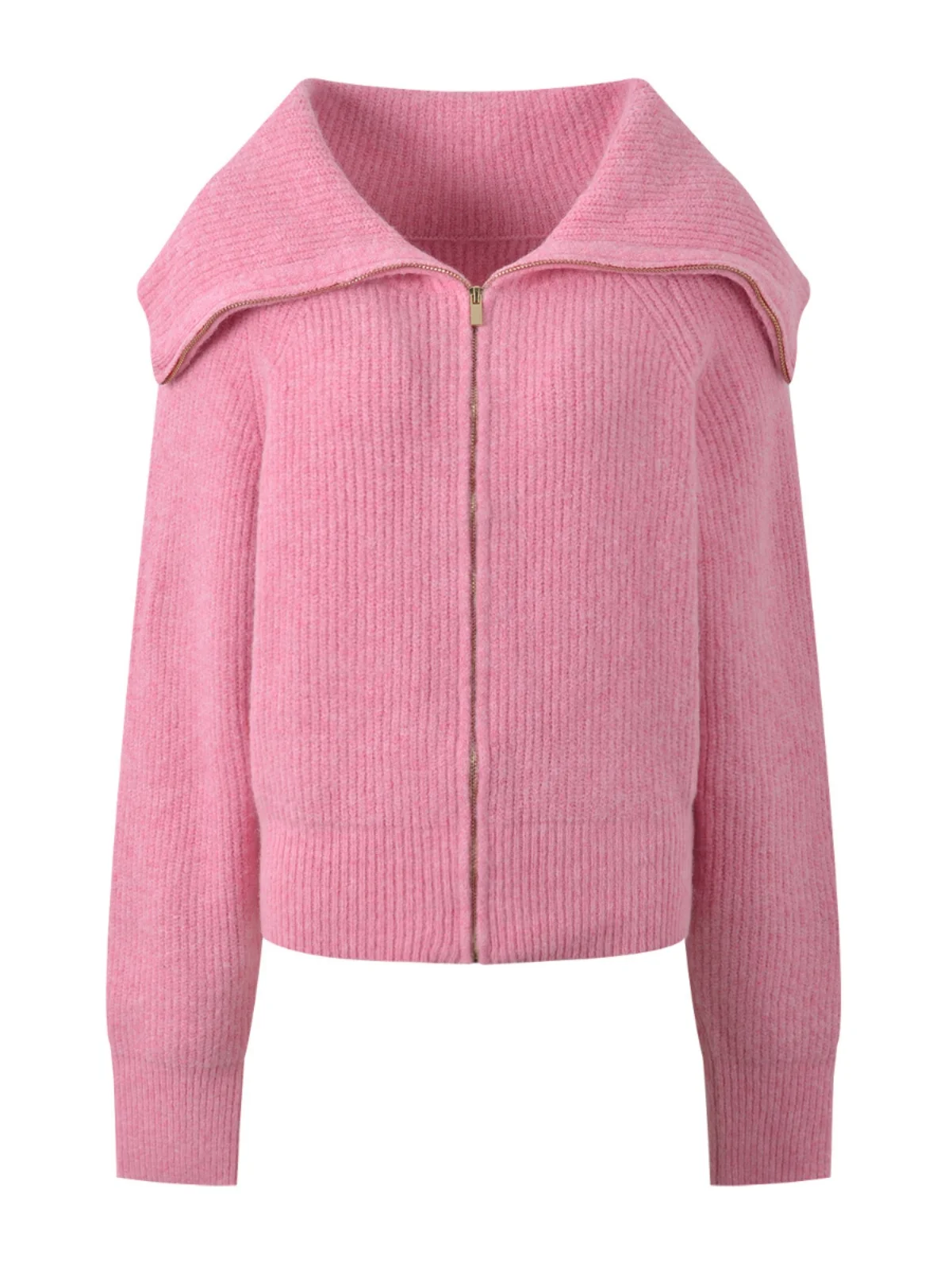 핑크 니트 지퍼 가디건 큰 칼라 패셔너블한 2024년 봄 가을 여성용 달콤한 긴 소매 스웨터