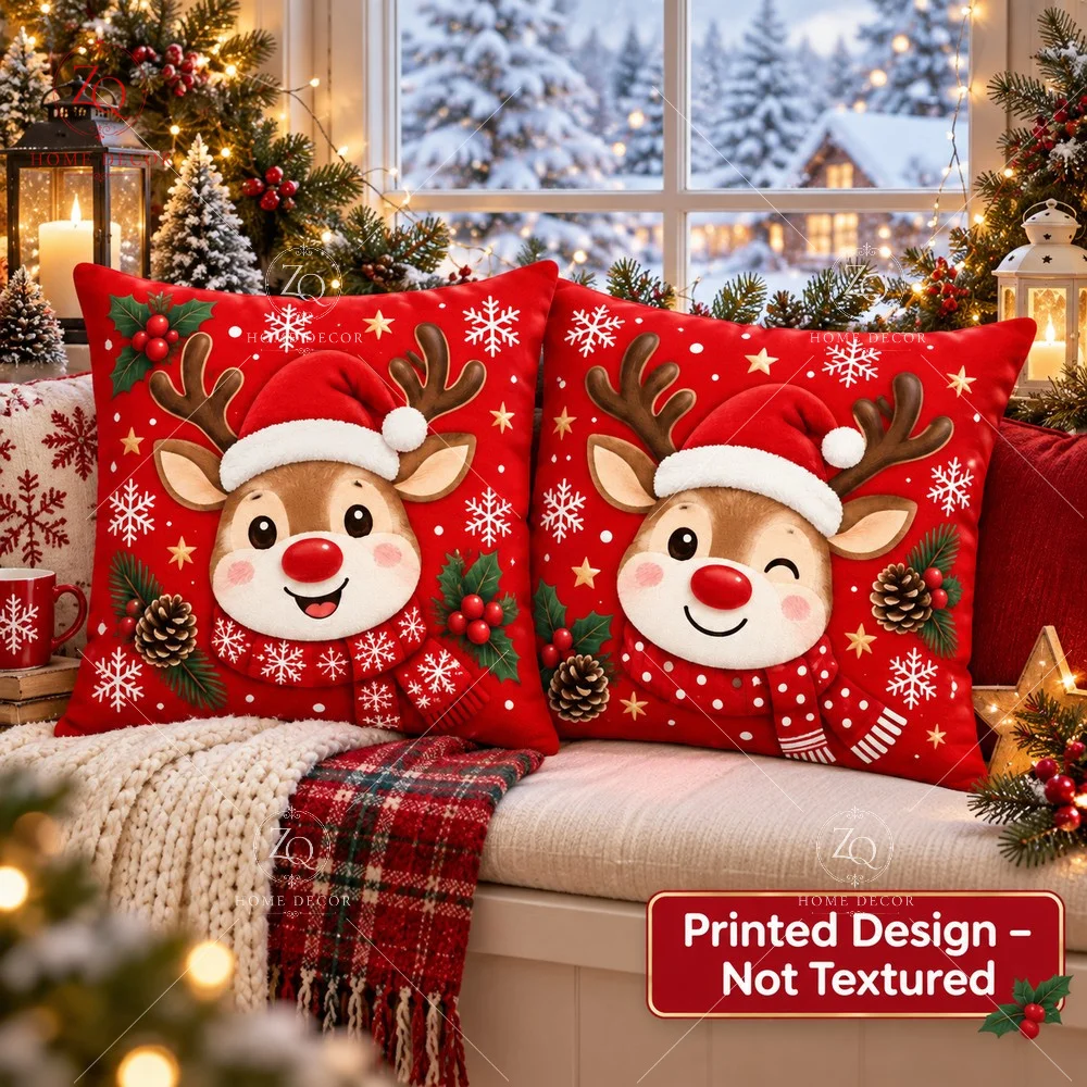 Christmas Reindeer Pillowcase Peach Skin 2D Flat Printed Xmas Cushion Cover Cute Deer Throw Pillow Case Living Room Sofa Bed