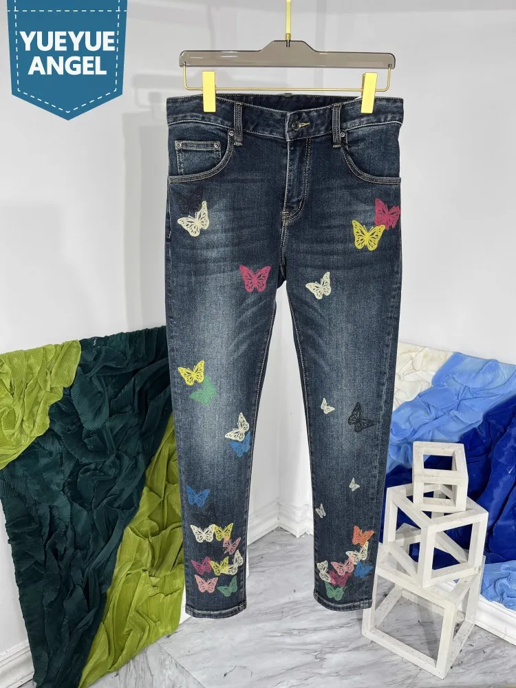 High Street Mens New Colorful Butterfly Printed Denim Pencil Pants Slim Fit Party Jeans High Quality Spring Cowboy Long Trousers