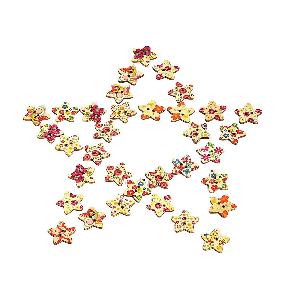 20pcs 25mm 0.4g Mixed Floral Star Wood Buttons 2 Holes For DIY Sewing Crafts Scrapbook Clothes Bags Decor Gift For Kids Adults