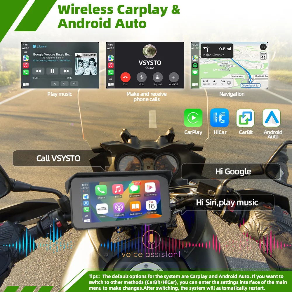 Dual 2K 1440P Motorcycle Dash Cam with Wireless CarPlay & Android Auto, 6.25