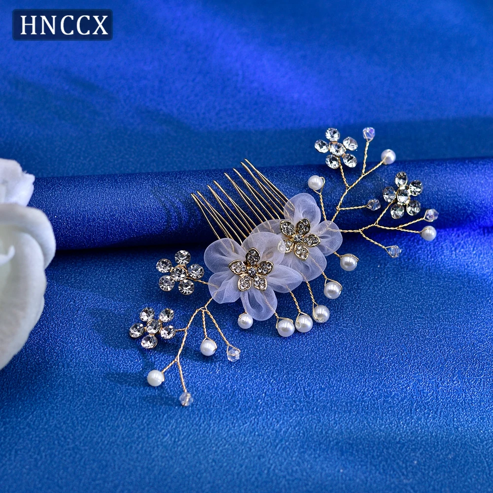 HNCCX Bridal Hair Combs Organza Flowers Hair Accessories Shining Rhinestone Bride Headdresses Pearl  Headpiece For Party CP151