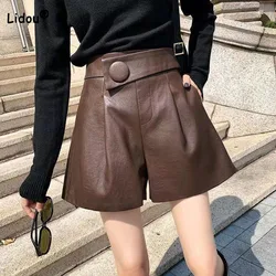 Korean Loose Patchwork Solid Color Leather Shorts Autumn Winter Women's Clothing High Waist All-match Simplicity Pockets Pants