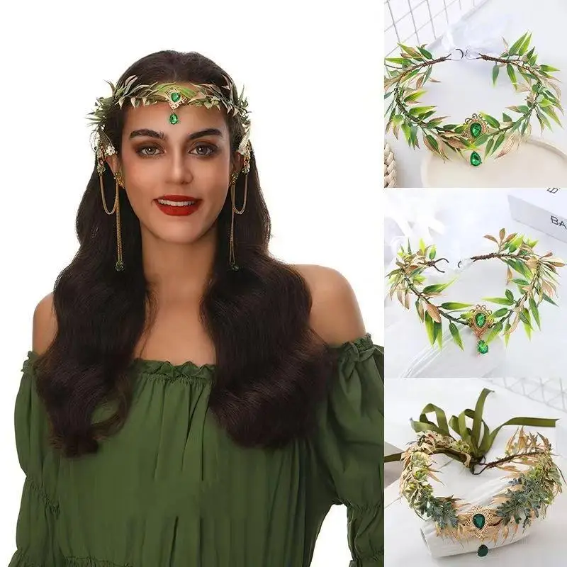 محاكاة أوراق شجرة الجنية حجر الراين عقال اليدوية قزم الأميرة خوذة الغابات الزفاف زهرة التاج للنساء الفتيات #1