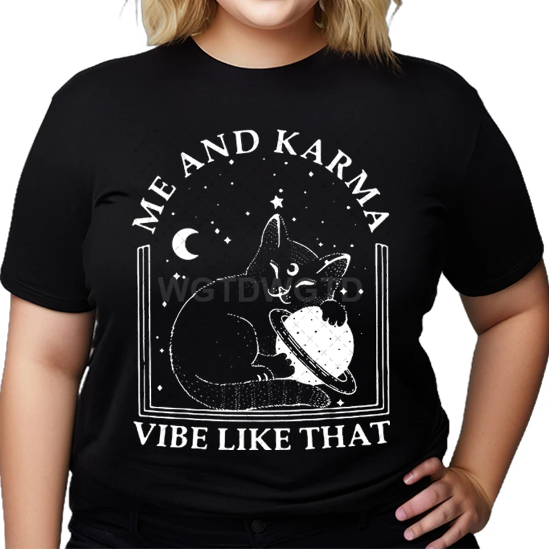 Midnights Cat Retro T Shirt Women Me and Karma Vibe Like That Shirt Karma Is A Cat Classic T-shirt Music Tour Round Neck Tops