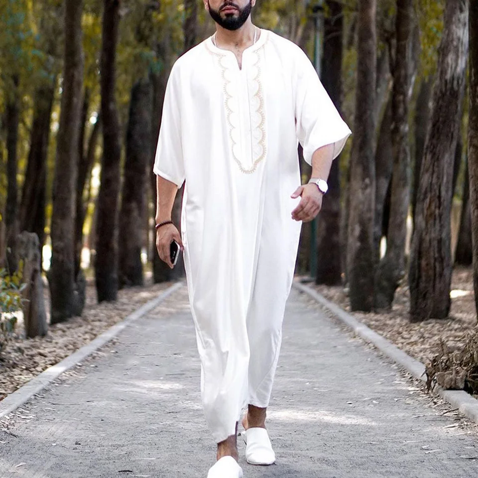 Loose Muslim Caftan Robe Men Fashion Jubba Thobe Man Leisure National Style Solid Color No Collar Ramadan Islamic Clothing Saudi