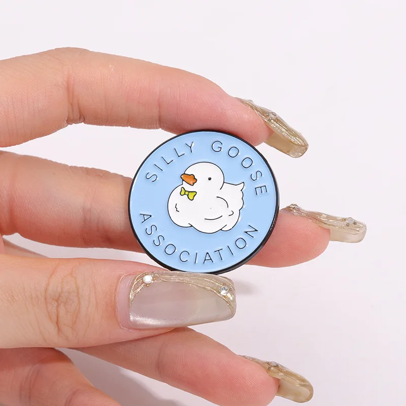 Silly Goose Association Enamel Pin Cute White Duck Brooch Funny Round Lapel Badge Animal Jewelry Gift For Backpack Clothing
