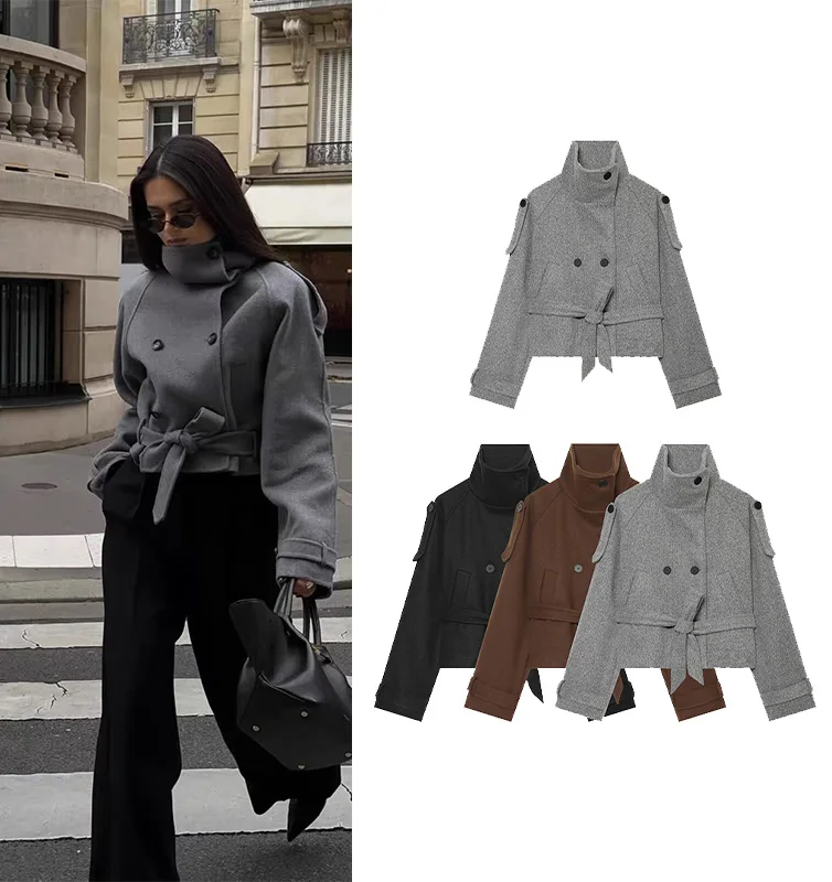 Women's Winter Coat Fashion High Neck Double Breasted Long Sleeve With Belt Coats Casual Female Commute Street Outerwear