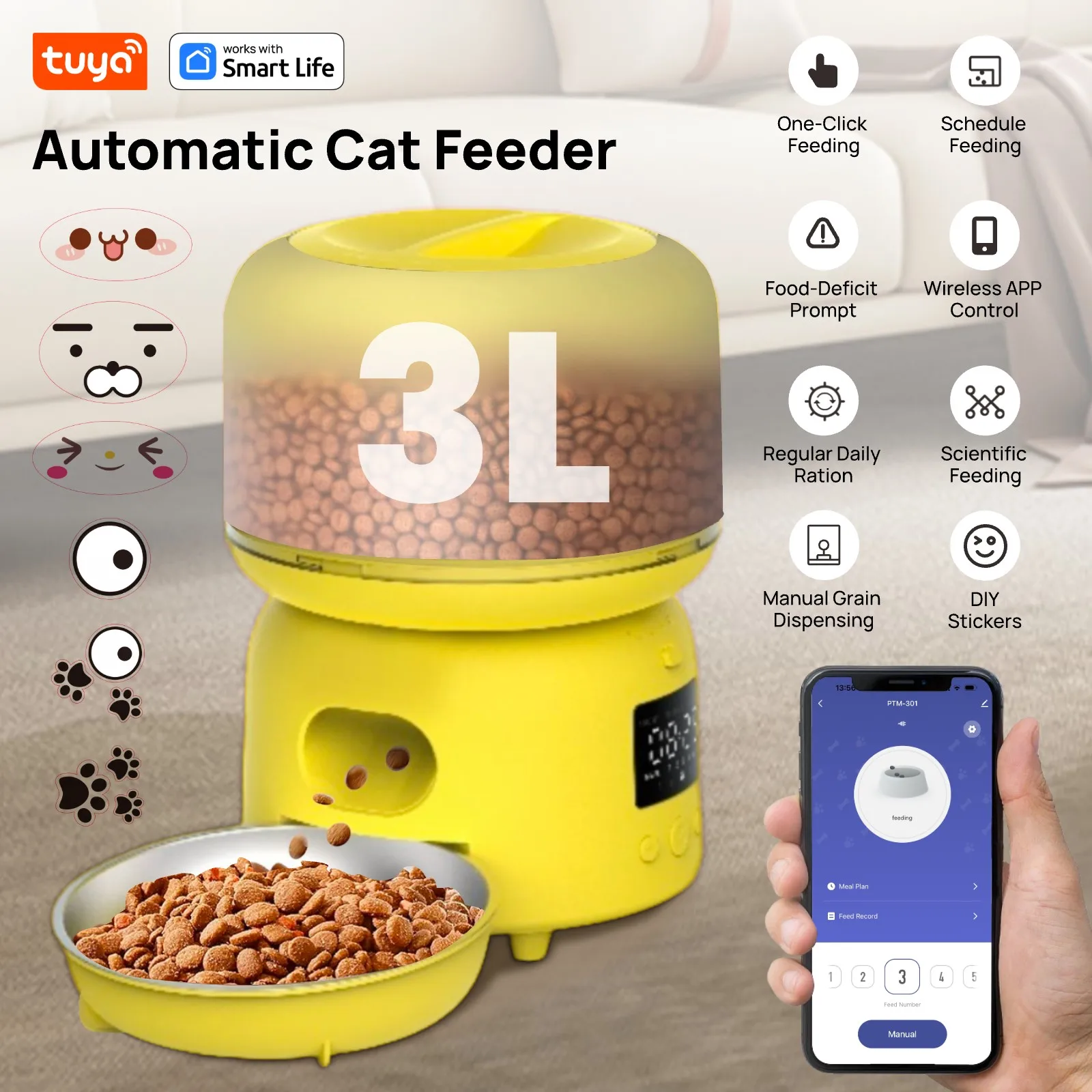 

3L Tuya Automatic Cat Feeder:DlYStickers,Timed and quantitative feeding,APPremote controPetl,Keep fresh,With SUS304 Bowl-Yellow
