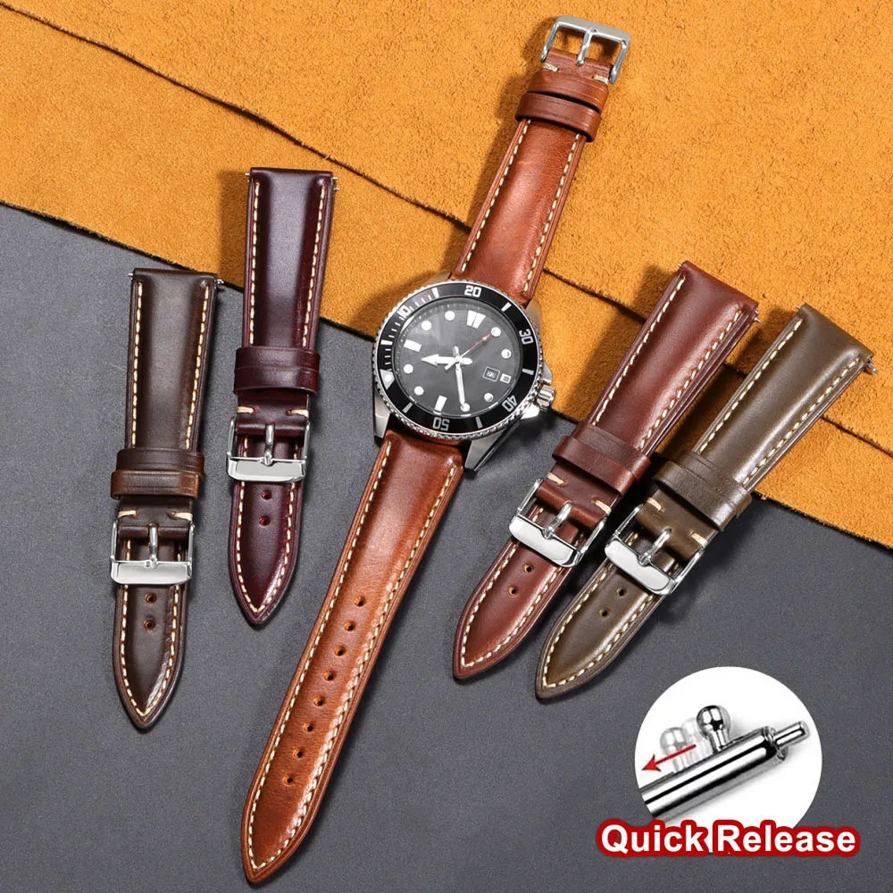 Vintage Oil Wax Leather Watch Strap Brown Universal Head Layer Cowhide Watchband Accessories Pin Buckle 18mm 19mm 20mm 21mm 22mm
