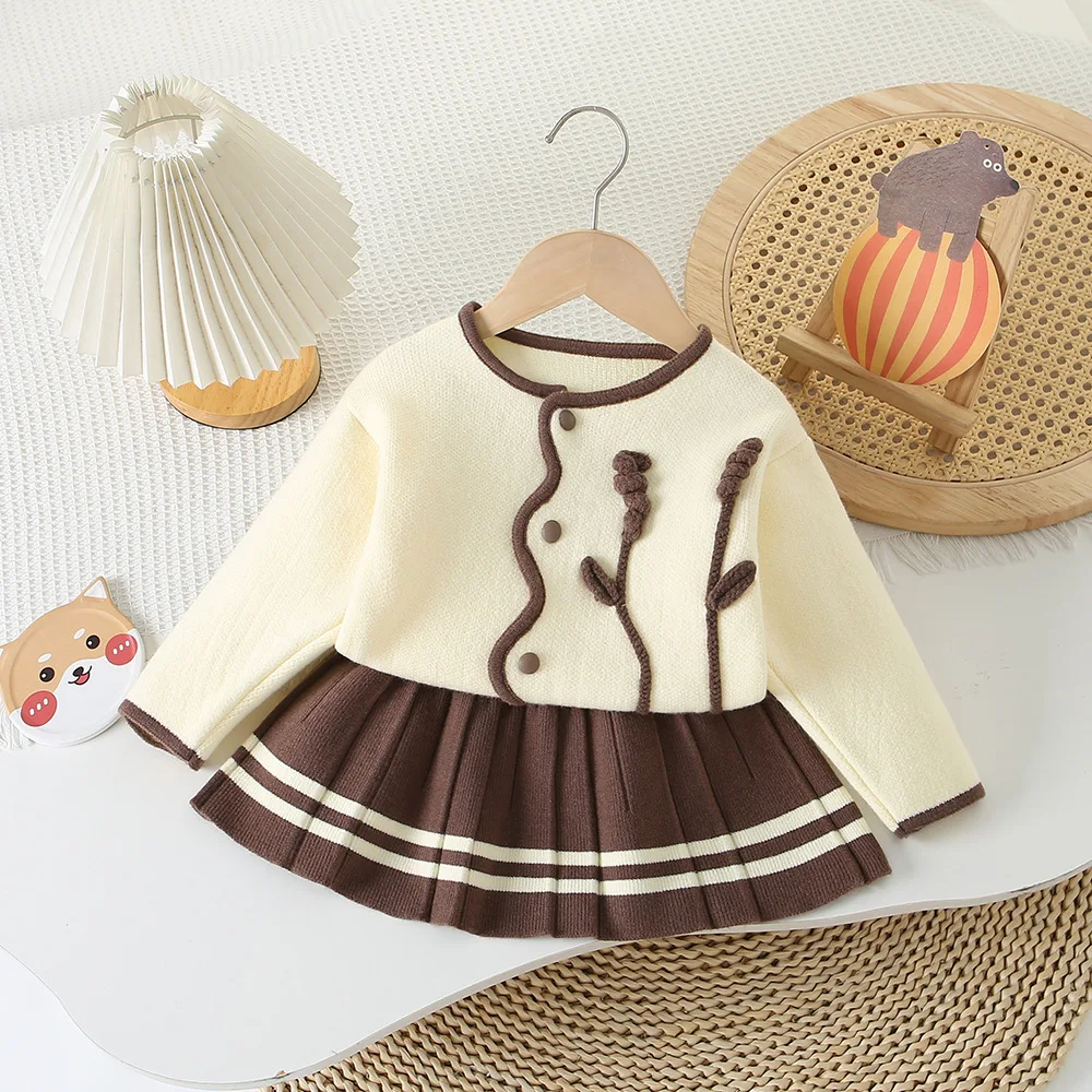 

Girls Knitted Clothes Sets Spring Autumn Children Woolen Jersey Sweaters Coats Skirts Princess Dress Suit For Baby Outfits Kids