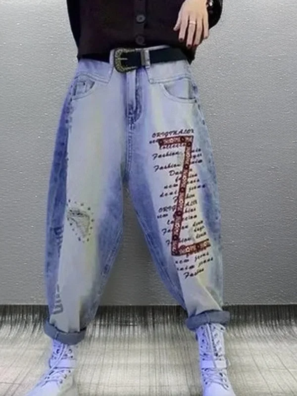 

Ретро джинсы с вышивкой и принтом, повседневные, с высокой талией, широкие штанины, весна-лето, новинка, женские универсальные брюки-харлан