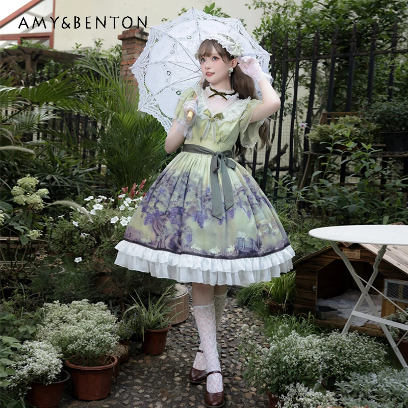 

2025 New Japanese Summer Original Lolita Dress Print Lace Edge Waist Thin Elegant Oil Painting Print Dress For Women