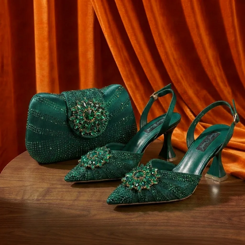 

2026 Women's Elegant Green Rhinestone Slingback Heels & Matching Handbag Set COMFORT INCLUDED Stylish Pointed Toe Design Shoes