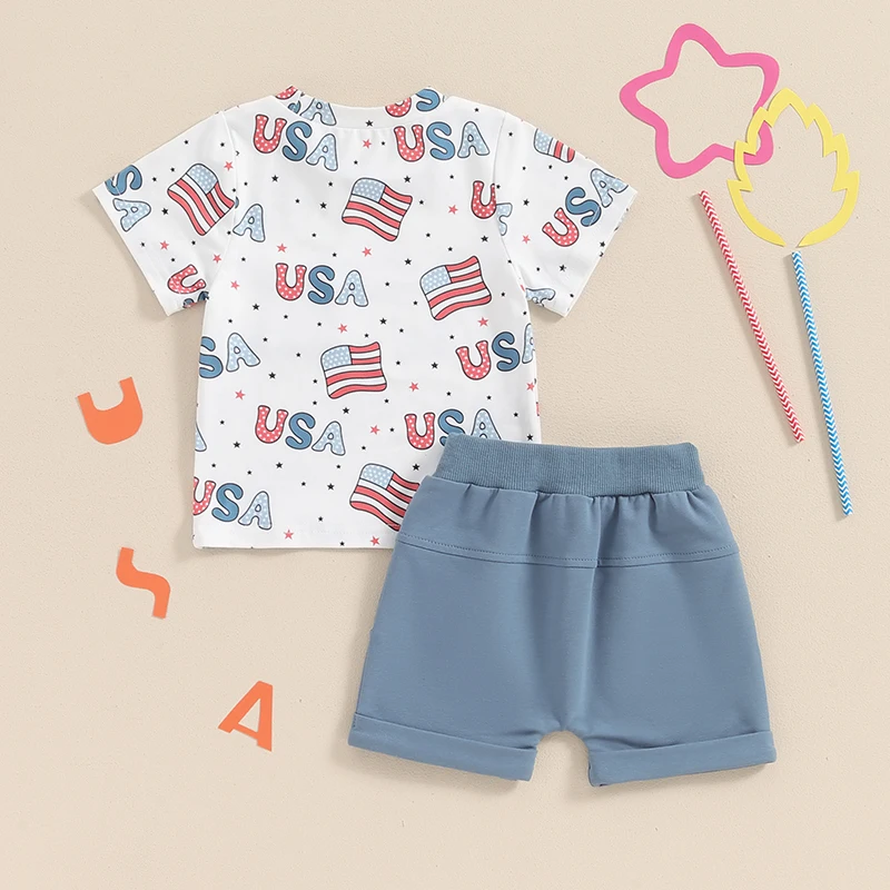 Toddler meninos roupa de manga curta, carta bandeira, estrela xadrez impressão tops, cordão curto set, 2-4 de julho, 2024-04-03