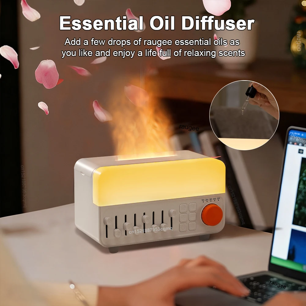 مرطب عطري يحاكي لهب الزيوت العطرية الناشر الروائح ضباب صانع مع بلوتوث الضوضاء البيضاء والضوء الليلي