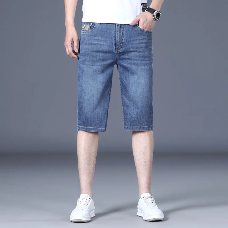 Summer Thin Stretch fabrics Denim Shorts for Men Straight Leg Loose Blue Embroidery Straight Over The Knee Jeans Shorts