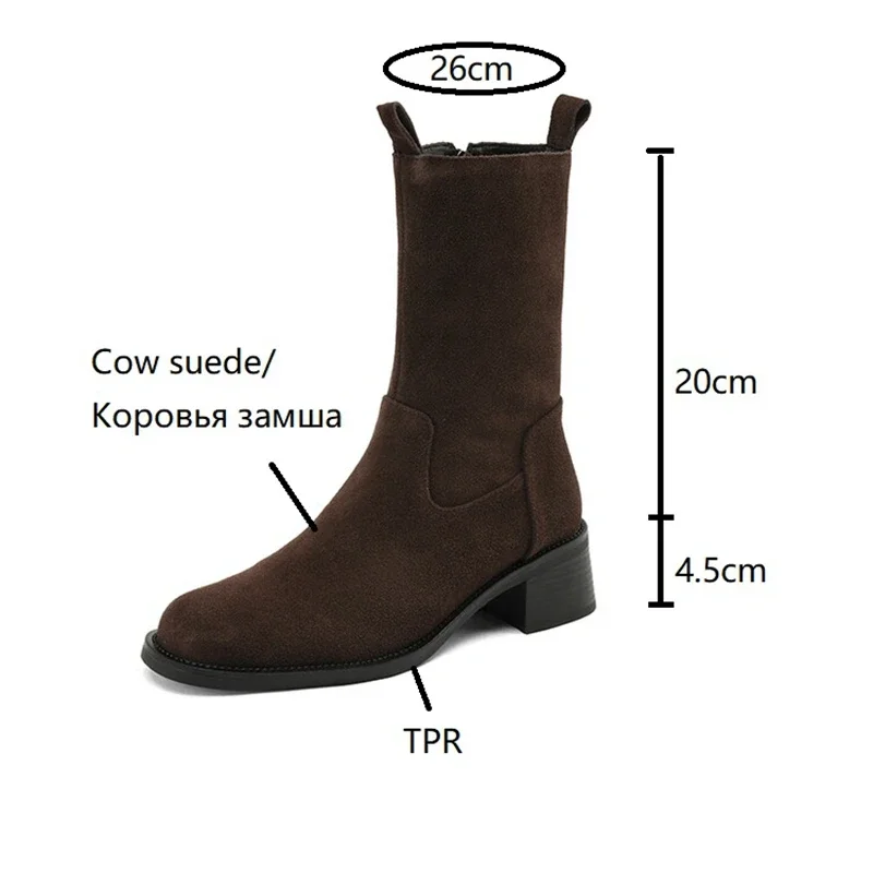 NEW Autumn Women Boots Round Toe Chunky Heel Boots Cow Suede Leather Shoes for Women Zipper Mid-calf Boots Winter Ladies Shoes