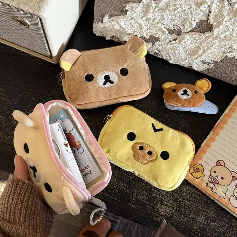 Cute Rilakkuma Anime Coin Purse Cartoon Makeup Organizer Storage Bag Kawaii Bear Plush Bag Cosmetic Bags Girls Toys Gifts