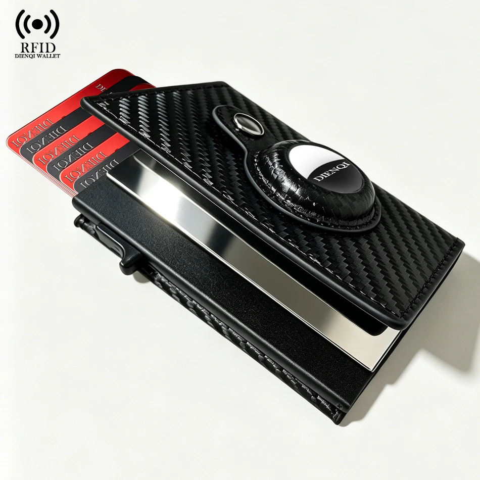 AirTag Wallet Men RFID ID Credit Card Holder Carbon Fiber Pop Up Metal Card Case Anti-lost Trifold Mini Wallets for Air Tag