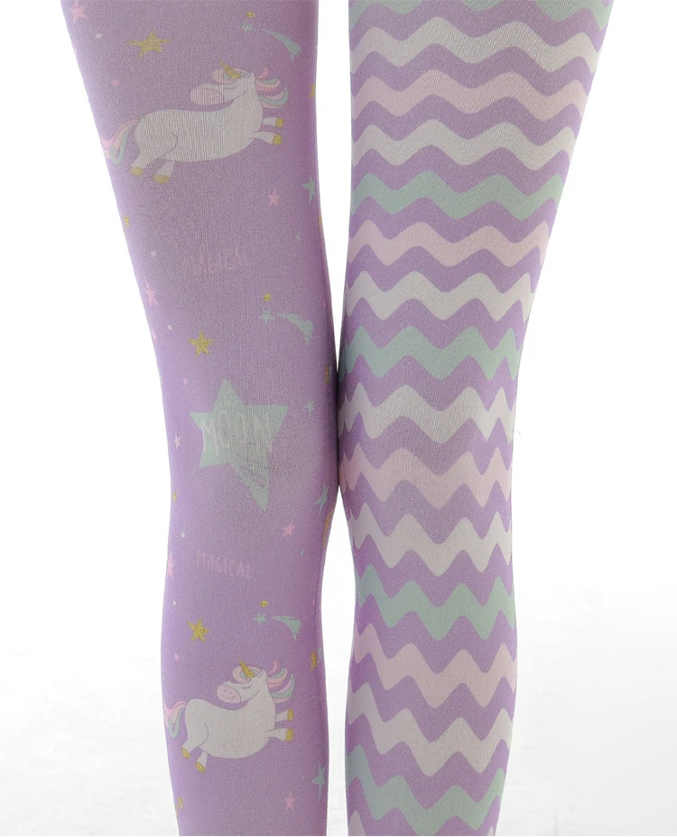 Cute Cartoon Printed Lady Tights Purple Velvet AB Style Kawaii Unicorn Pattern Lolita Personality Corrugated Asymmetrical Tights