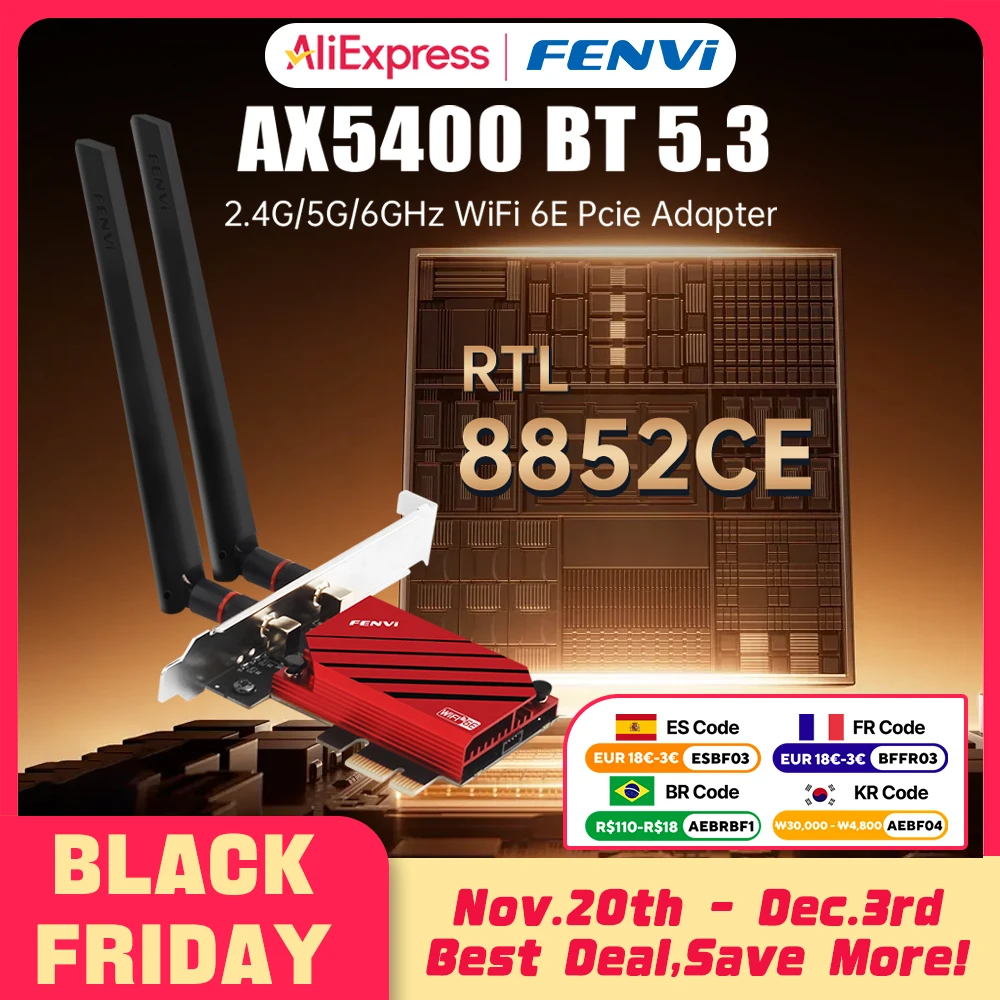 

fenvi WiFi 6E AX5400 RTL8852CE PCIE Adapter Bluetooth 5.3 Network Card 6G/5G/2.4G 802.11ax Wireless WiFi6 for Desktop Win 10 11