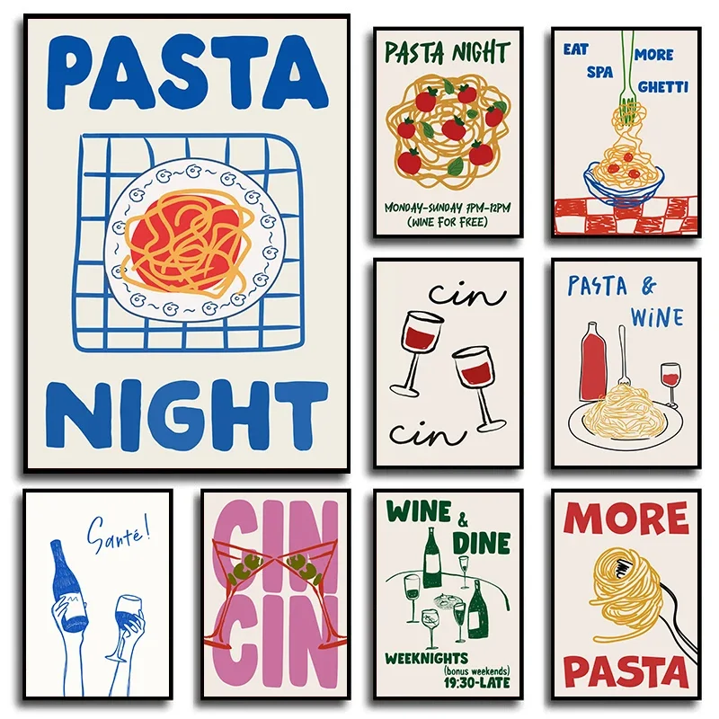 Trendy Wine Cheers Print Posters Retro Poster Pasta Night Food Print  Bar Cart Art Decor Maximalist Room Decor